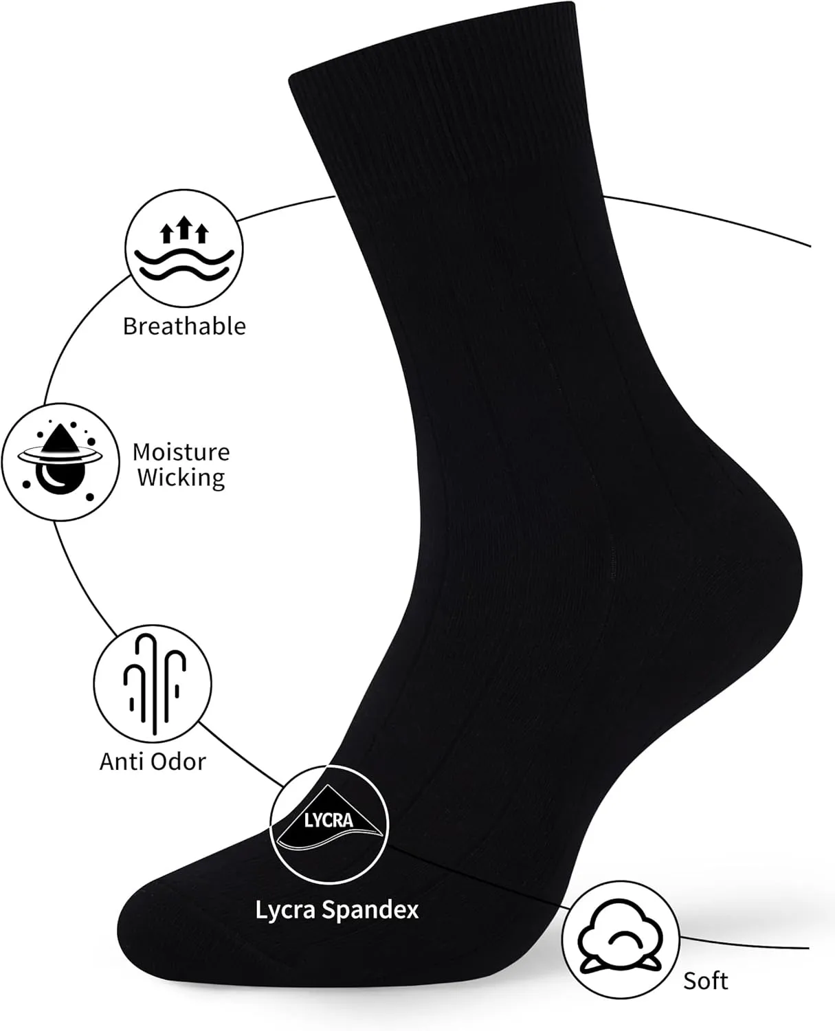 Mens Dress Socks Soild Ribbed Crew Socks Combed Cotton Anti Odor Size 8-13