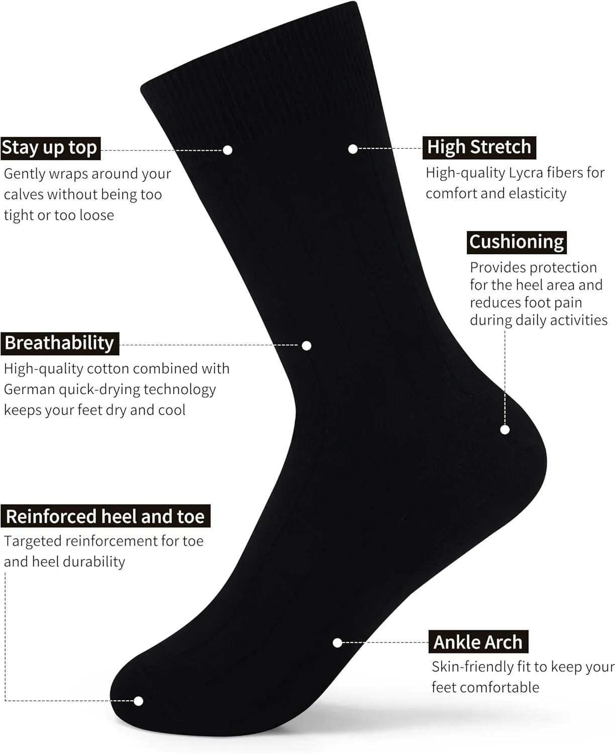 Mens Dress Socks Soild Ribbed Crew Socks Combed Cotton Anti Odor Size 8-13
