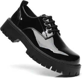 Men's Leather Platform Block Heel Oxfords Classic Round Toe Lace Up Lug Sole Soft Bottom Business Work Dress Shoes Non-Slip Heightening Derby Shoes