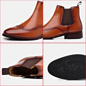 Men's Leather Wingtip Carving Dress Oxford Boots Fashion British Style Pointed Toe Elastic Band Slip On Chelsea Boots Casual Business Formal Ankle Boots