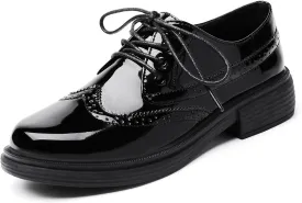 OKJ Oxford Shoes for Women, Black Womens Oxford Shoes Leather Platform Women's Oxfords Comfortable Dressy Slip On, Lace Up Vintage Shoes Casual Saddle Shoes for Women Work Business Dress