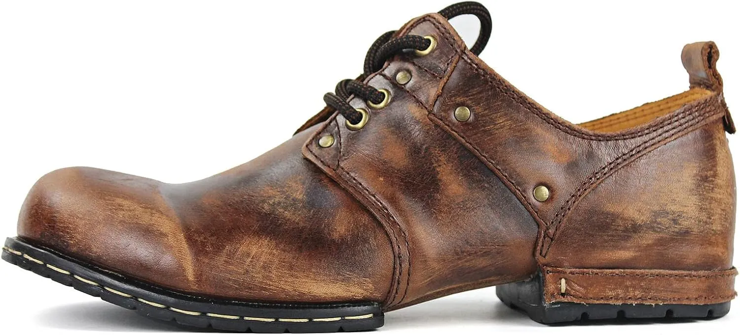 OSSTONE Moto Boots for Men Fashion lace-up Leather Chukka Boots Casual Shoes OS-6015-1-RED-BROWN-R