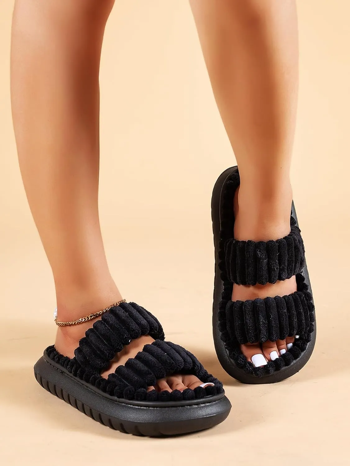 OYOANGLE Women's Double Strap Open Toe Non Slip Bedroom Slipper Memory Foam House Slippers