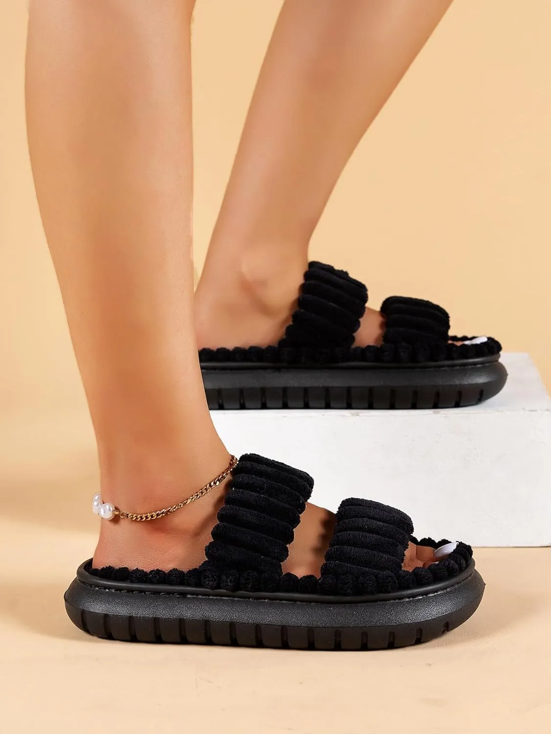 OYOANGLE Women's Double Strap Open Toe Non Slip Bedroom Slipper Memory Foam House Slippers