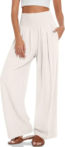 UEU Women's Linen Palazzo Pants Wide Leg High Waisted Lounge Casual Beach Pants with Pockets