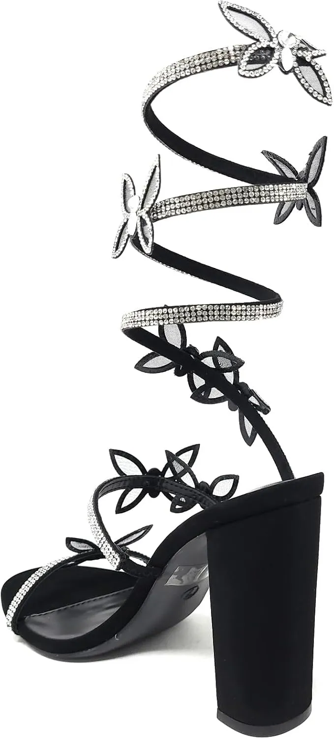 Wild Diva Women's Morris-581 Rhinestone Butterfly Detail Spiral Coil Wrap Around Chunk Heel