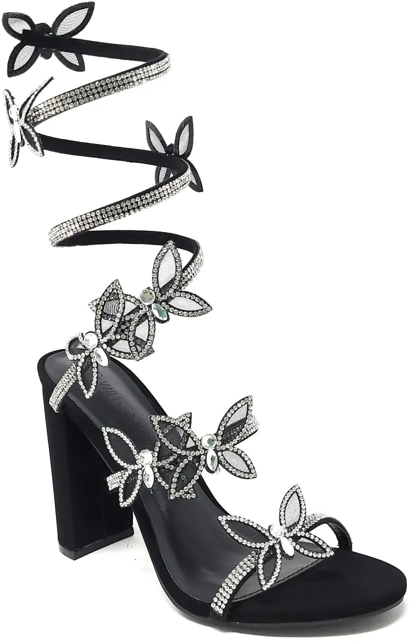 Wild Diva Women's Morris-581 Rhinestone Butterfly Detail Spiral Coil Wrap Around Chunk Heel