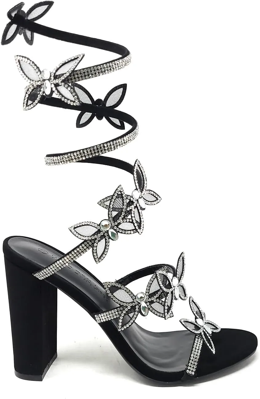 Wild Diva Women's Morris-581 Rhinestone Butterfly Detail Spiral Coil Wrap Around Chunk Heel