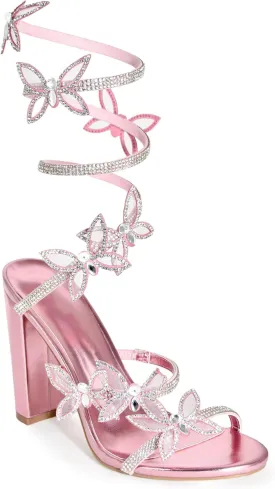 Wild Diva Women's Morris-581 Rhinestone Butterfly Detail Spiral Coil Wrap Around Chunk Heel