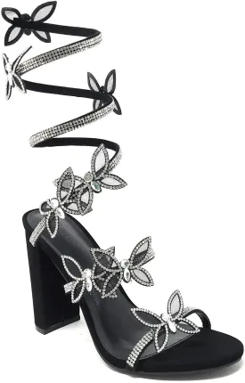 Wild Diva Women's Morris-581 Rhinestone Butterfly Detail Spiral Coil Wrap Around Chunk Heel
