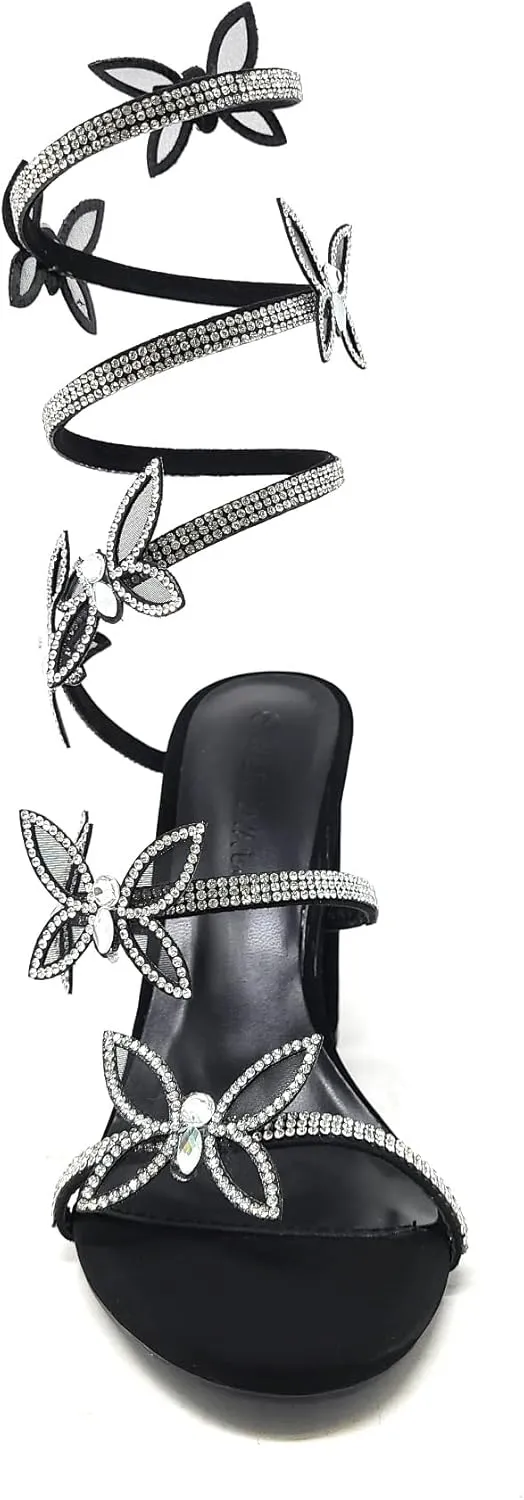 Wild Diva Women's Morris-581 Rhinestone Butterfly Detail Spiral Coil Wrap Around Chunk Heel