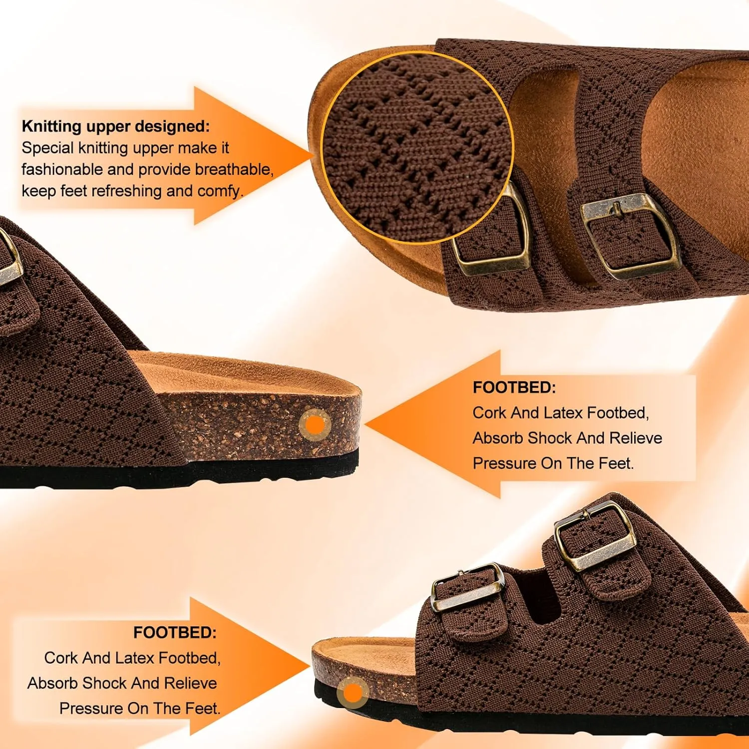 Women's Comfy Arch Support Cork Footbed Adjustable Knitting Straps Indoor and Outdoor Slides Sandals