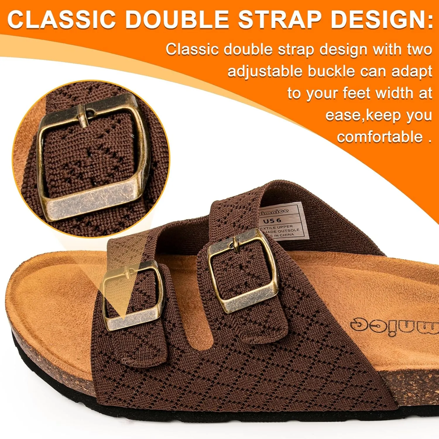 Women's Comfy Arch Support Cork Footbed Adjustable Knitting Straps Indoor and Outdoor Slides Sandals