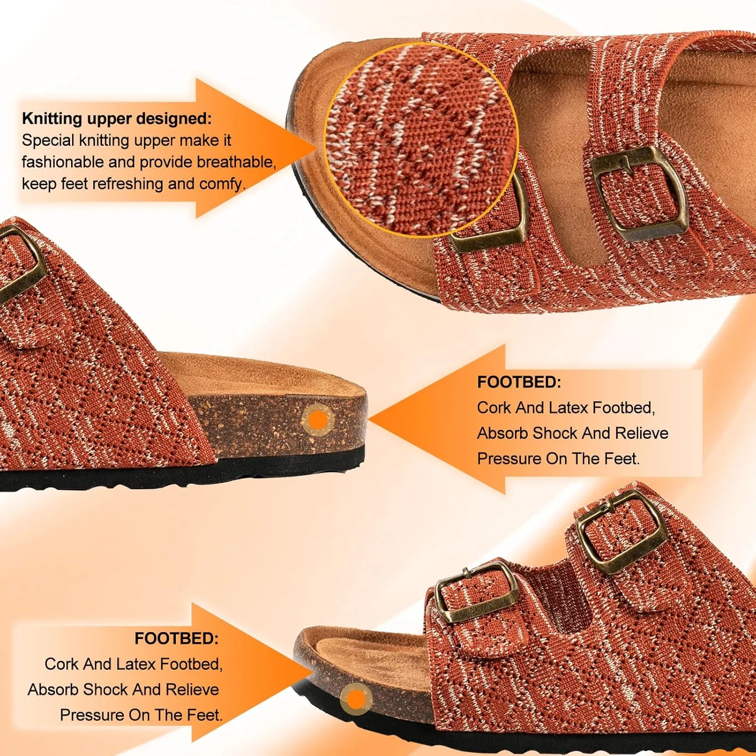 Women's Comfy Arch Support Cork Footbed Adjustable Knitting Straps Indoor and Outdoor Slides Sandals