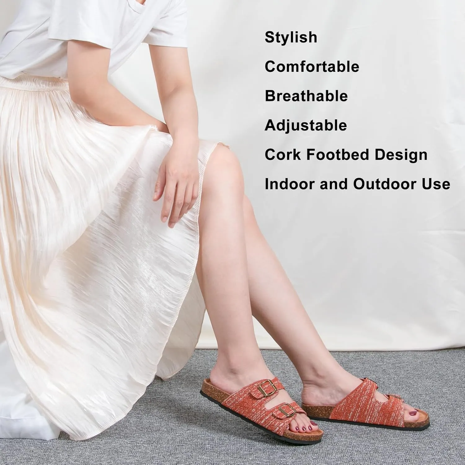 Women's Comfy Arch Support Cork Footbed Adjustable Knitting Straps Indoor and Outdoor Slides Sandals
