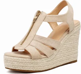 Womens Front Zipper Espadrille Wedge Sandals Dressy, High Heel Platform Sandals Open Toe Slingback, Comfy Sexy Summer Wedges Sandals