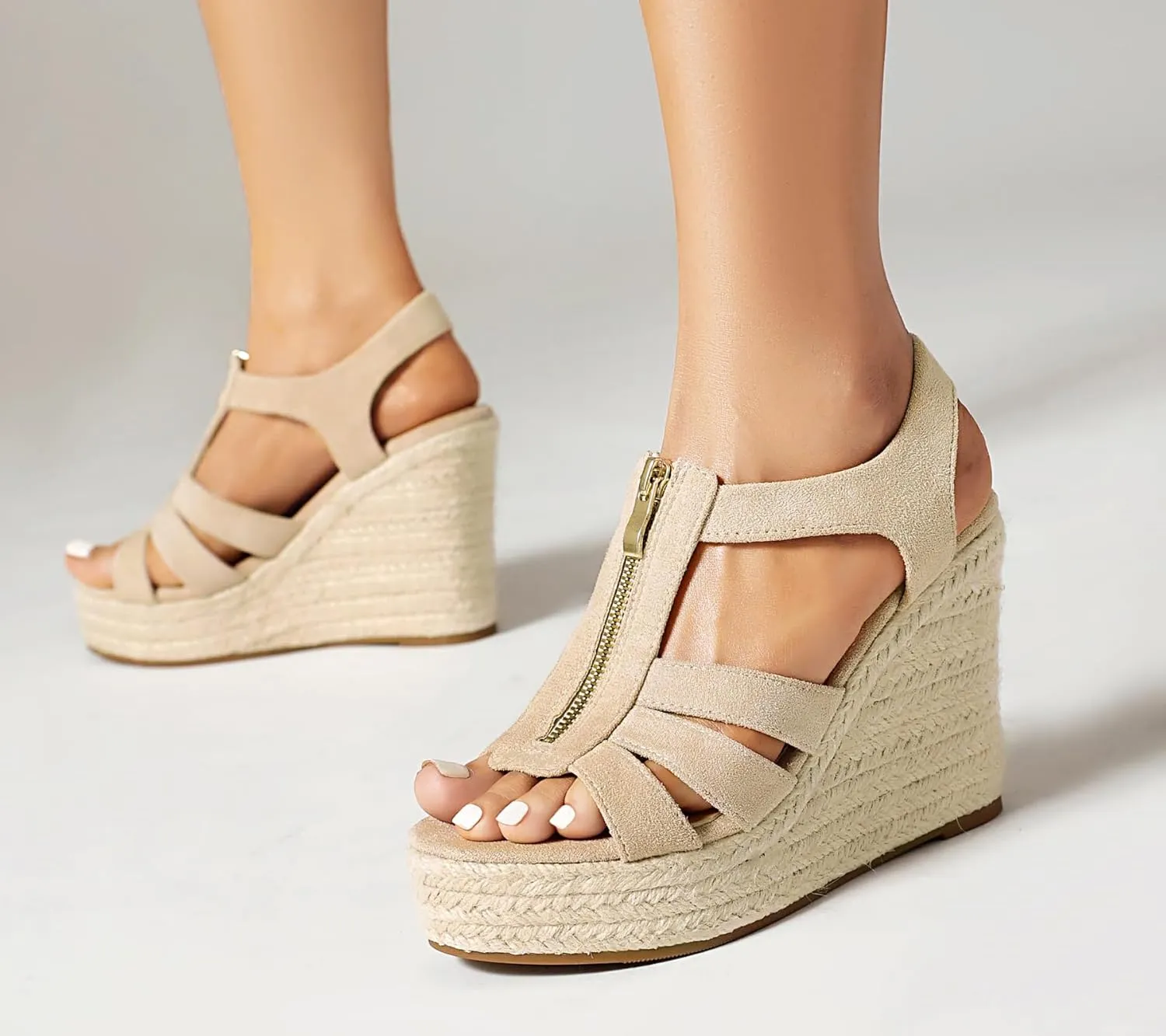Womens Front Zipper Espadrille Wedge Sandals Dressy, High Heel Platform Sandals Open Toe Slingback, Comfy Sexy Summer Wedges Sandals