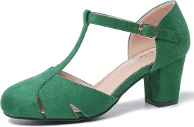 Womens T Strap Mary Jane Shoes Chunky Block Heel Cut Out Ankle Strap Buckle Dress Dance Pumps
