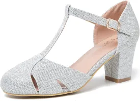 Womens T Strap Mary Jane Shoes Chunky Block Heel Cut Out Ankle Strap Buckle Dress Dance Pumps