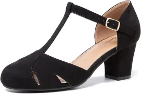 Womens T Strap Mary Jane Shoes Chunky Block Heel Cut Out Ankle Strap Buckle Dress Dance Pumps