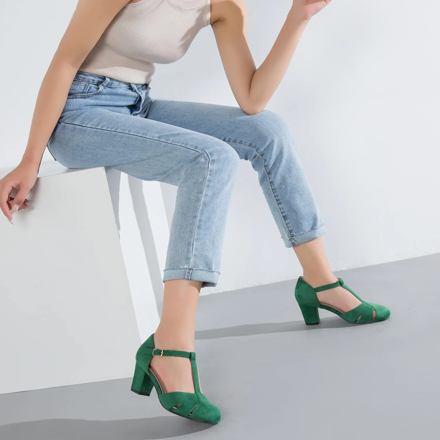 Womens T Strap Mary Jane Shoes Chunky Block Heel Cut Out Ankle Strap Buckle Dress Dance Pumps