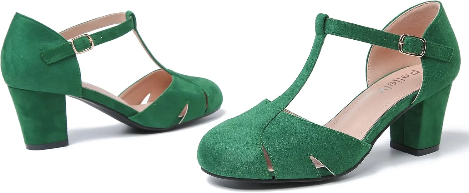 Womens T Strap Mary Jane Shoes Chunky Block Heel Cut Out Ankle Strap Buckle Dress Dance Pumps