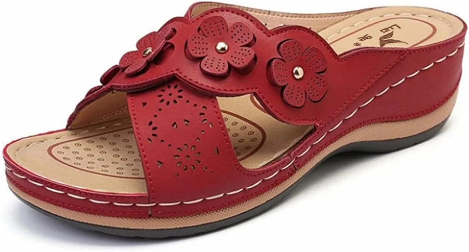 Womenyiaor Orthopedic Sandals with Arch Support Flip Flops for Women Wedge Comfortable Walking Cushion Footbed Platform Dressy Summer Slip on Thong Casual Shoes (b-Red, 8)