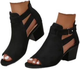ZBYY Womens Peep Toe Ankle Booties Chunky Heels Cutout Back Zipper Sandals Suede Side Ankle Strap Dress Sandals